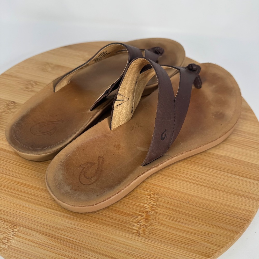 Olukai Kaekae Ko'o Brown Leather Flip Flop Sandals Womens 8 20409-SAGS - Picture 5 of 10